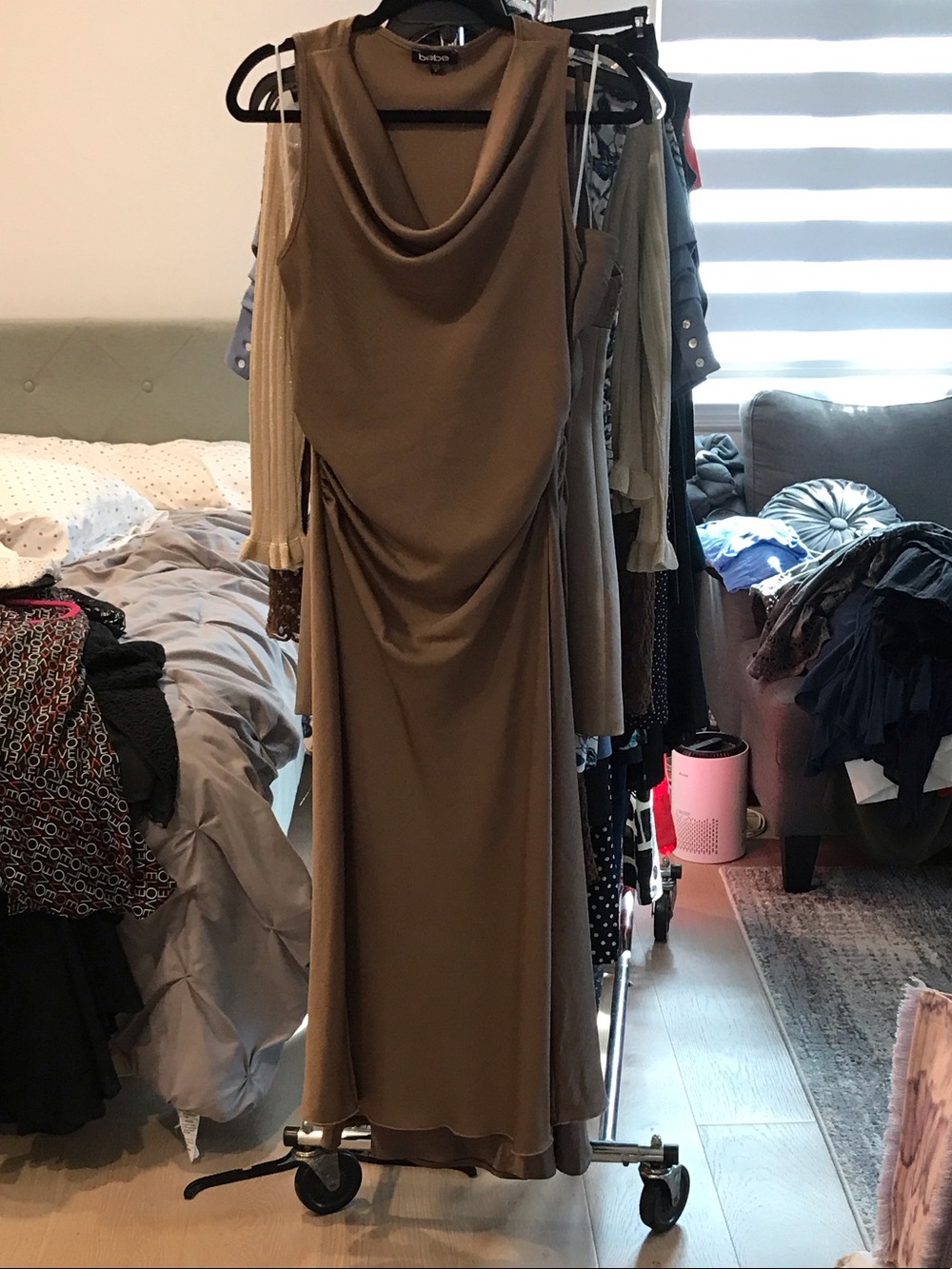 bebe Draped Cowl Neck Maxi Dress in Taupe